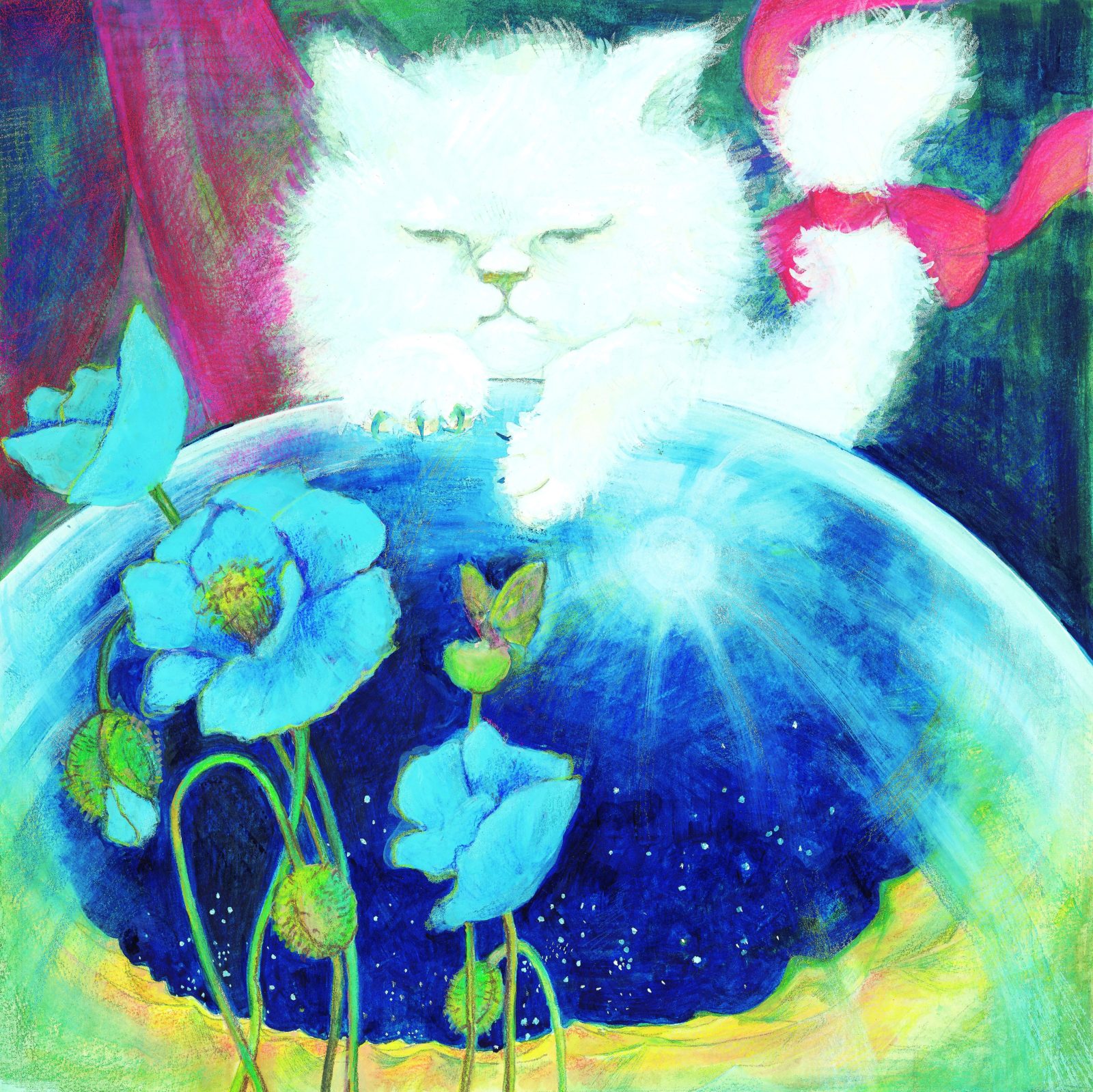 青いケシの猫　1978年　水彩・水彩色鉛筆