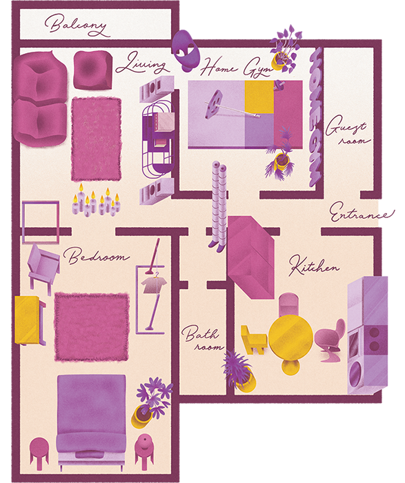 リビングよりも、ホームジムが主役な部屋作り。